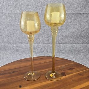 Stem Glass Candle Holder Crackle Set Of 2 Yellow Gold‎ 11" 13"